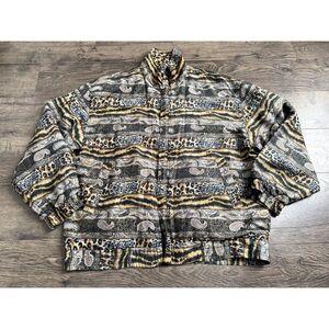 EUC Womens FUDA SILK 100% SILK padded shoulder full zip jacket animal print SZ M